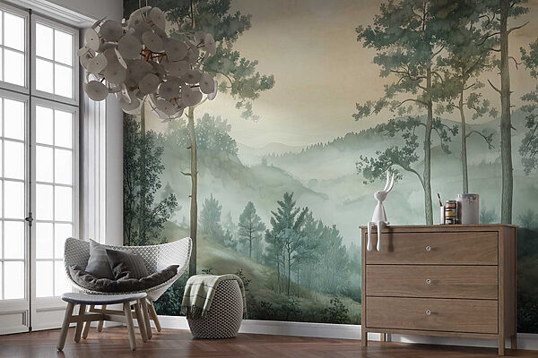 Painting of a forest with fog