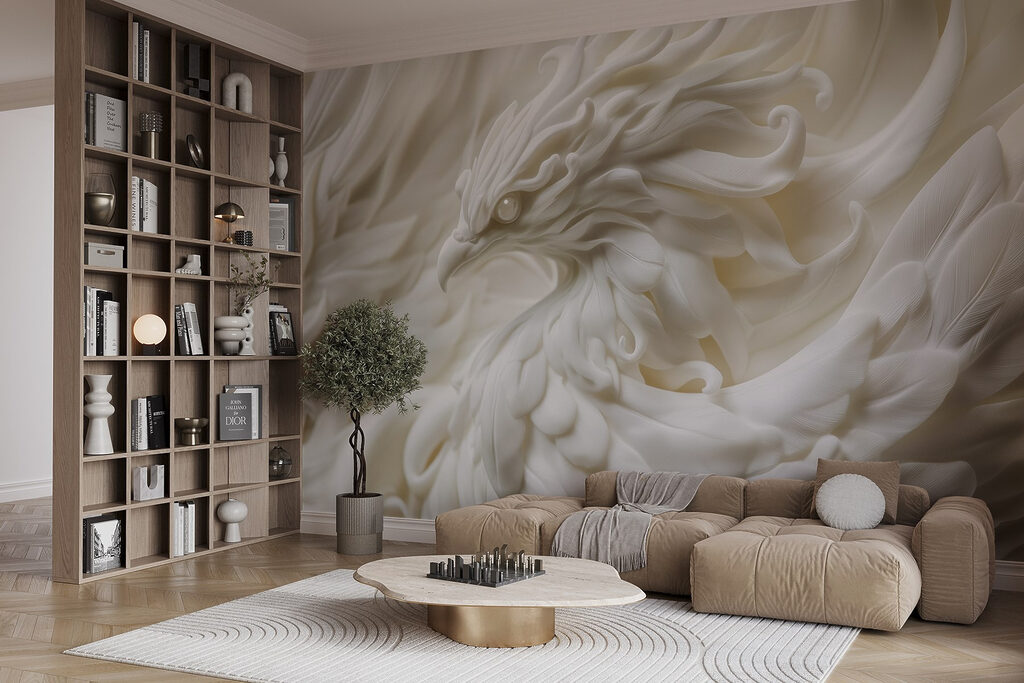 White bird statue with feathers