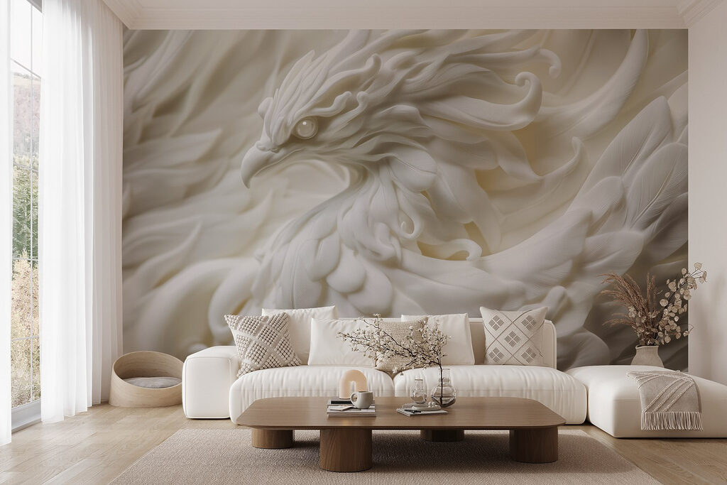 White bird statue with feathers