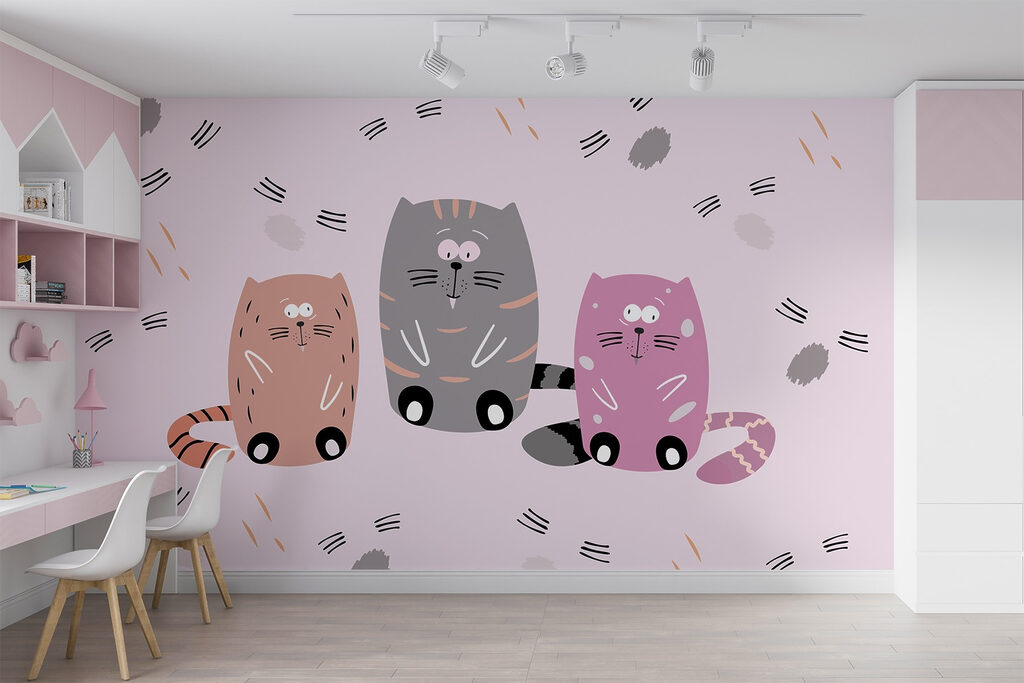 Group of cats sitting on a pink surface