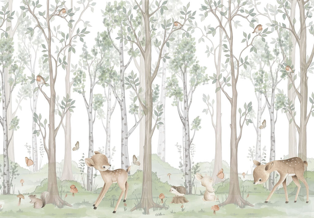 Wallpaper with a forest of trees and animals Wallpaper with a forest of trees and animals