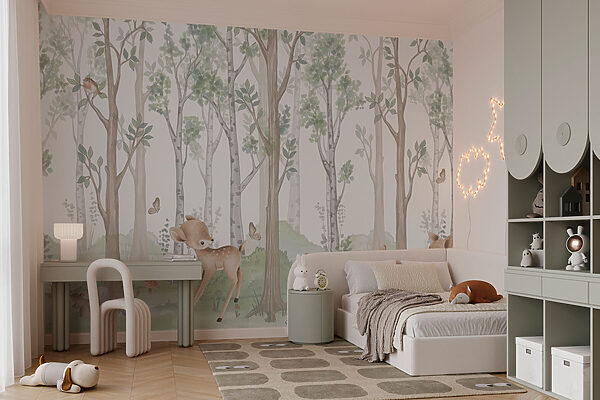 Wallpaper with a forest of trees and animals Wallpaper with a forest of trees and animals