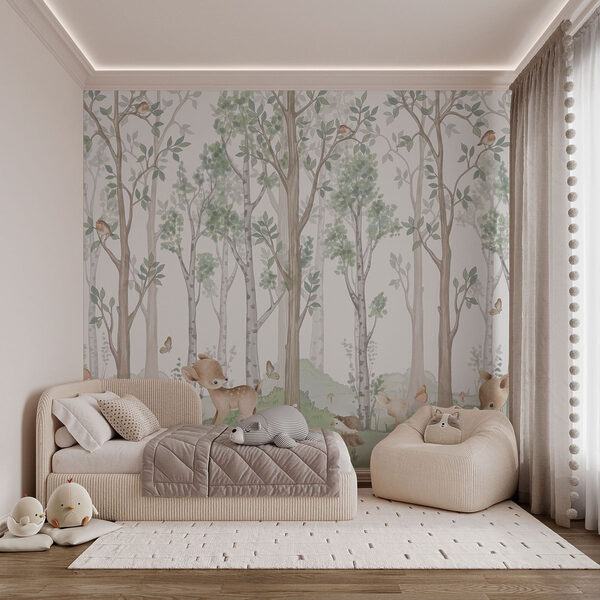 Wallpaper with a forest of trees and animals Wallpaper with a forest of trees and animals
