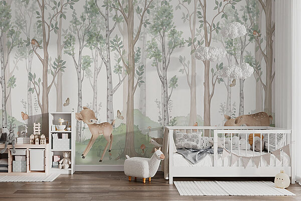 Wallpaper with a forest of trees and animals Wallpaper with a forest of trees and animals