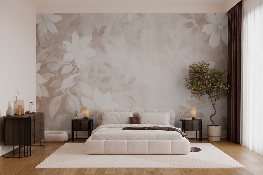 Wall murals White and gray floral pattern