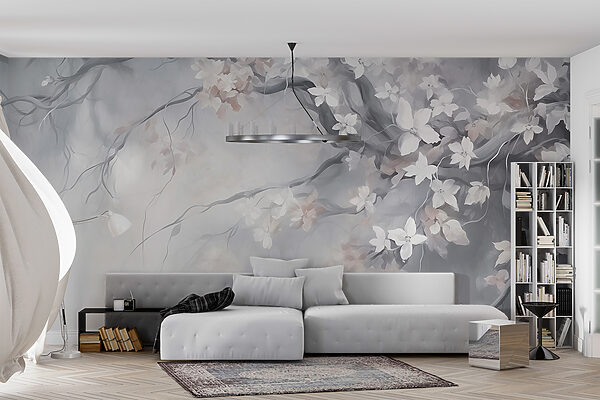 Wall murals Painting of a tree with white flowers (SKU: w02823) Wall murals Wall murals Painting of a tree with white flowers (SKU: w02823)