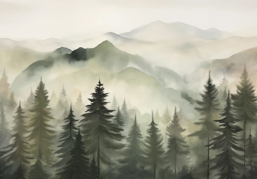 Foggy mountain range with trees