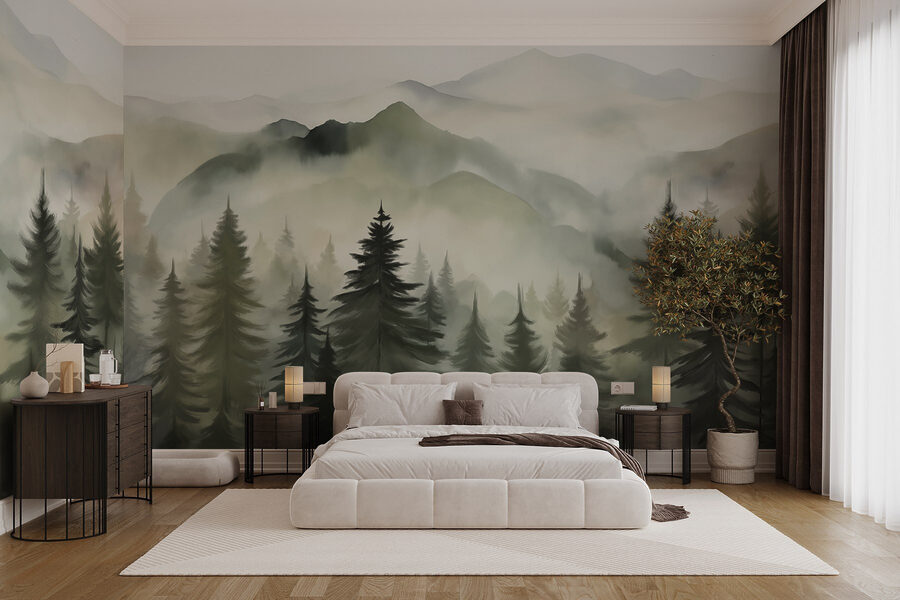 Foggy mountain range with trees