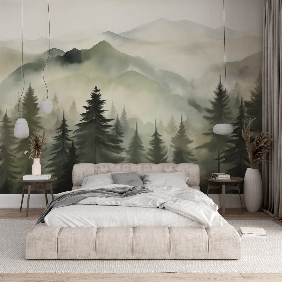 Foggy mountain range with trees