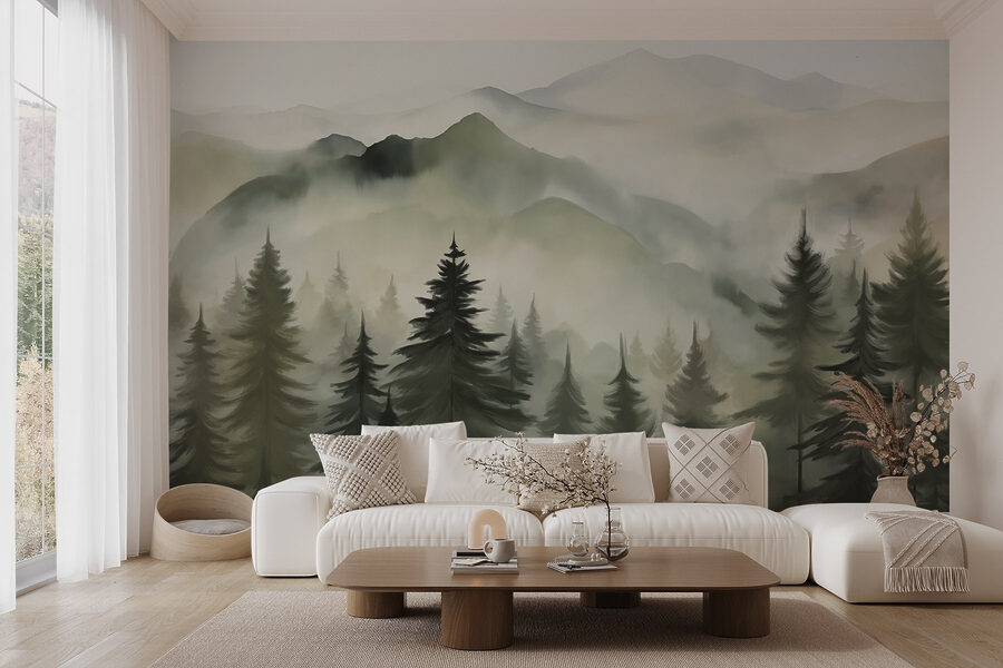 Foggy mountain range with trees