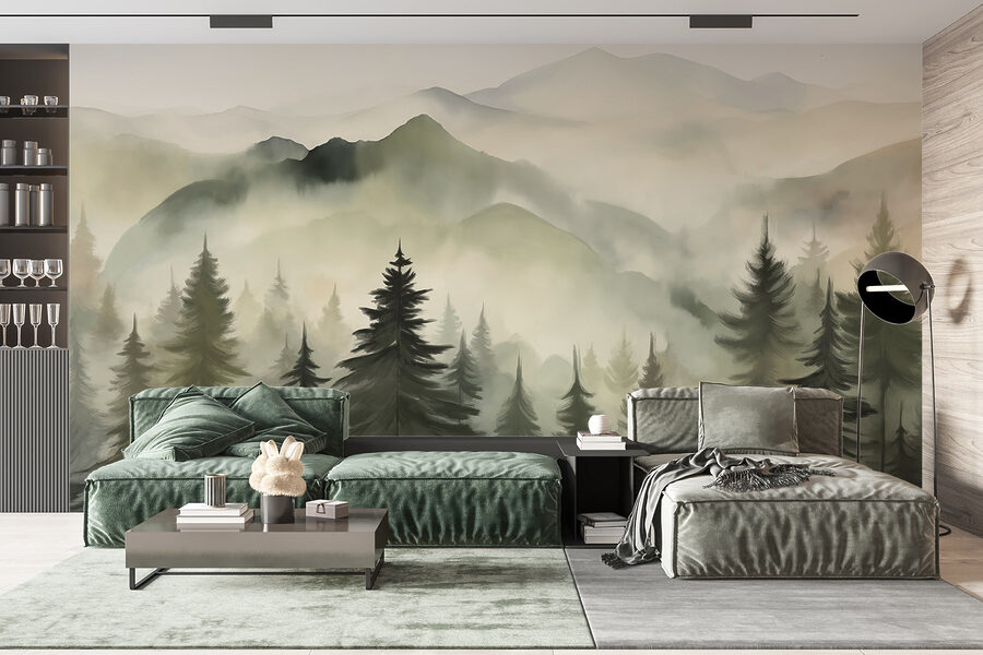 Foggy mountain range with trees