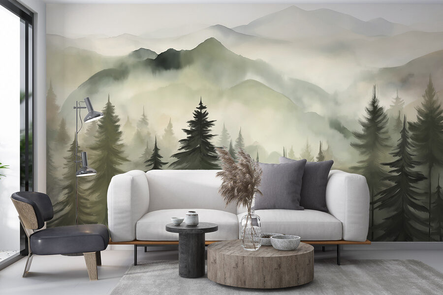Foggy mountain range with trees