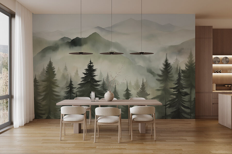 Foggy mountain range with trees