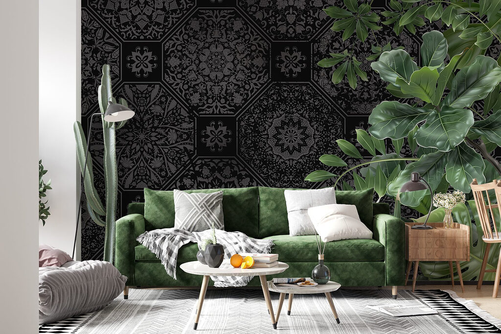 Black and grey wallpaper with green leaves