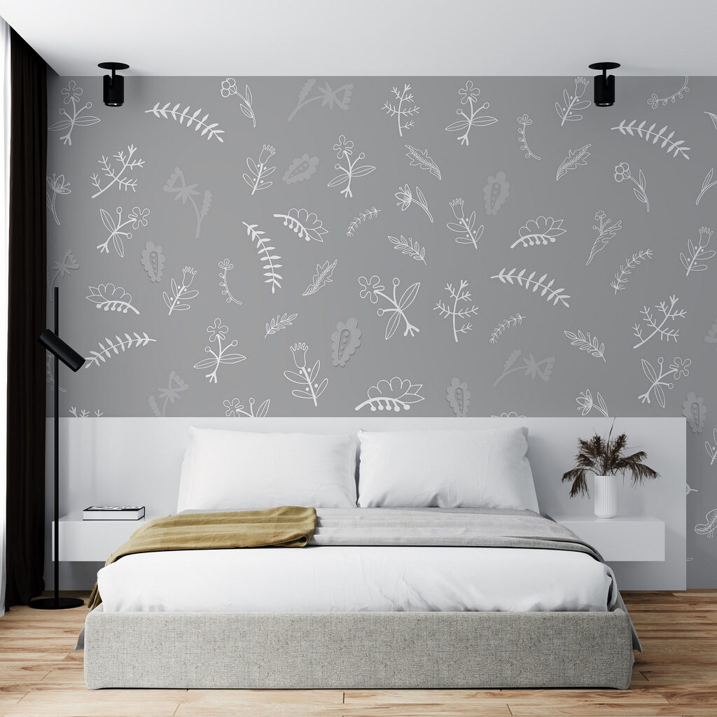 Grey background with white flowers and leaves