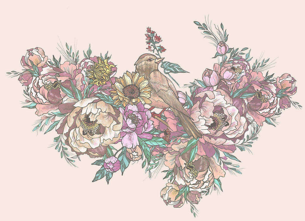 Bird sitting on a bouquet of flowers Bird sitting on a bouquet of flowers