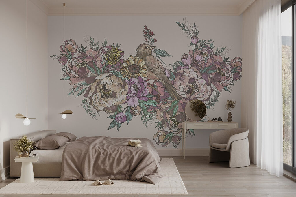 Bird sitting on a bouquet of flowers