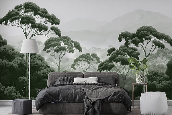 Forest with trees and mountains in the background Forest with trees and mountains in the background