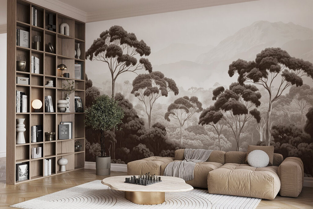 Forest with trees and mountains in the background