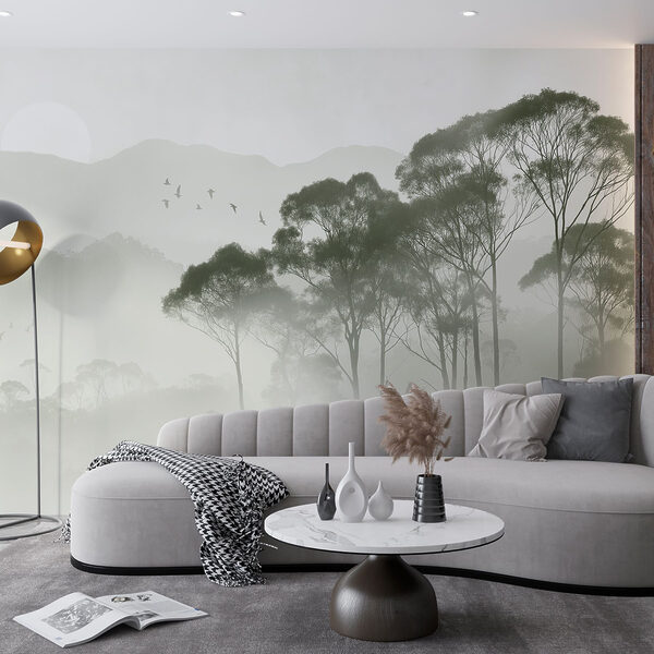 Birds flying over trees