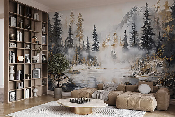 Watercolor painting of a forest and mountains Watercolor painting of a forest and mountains