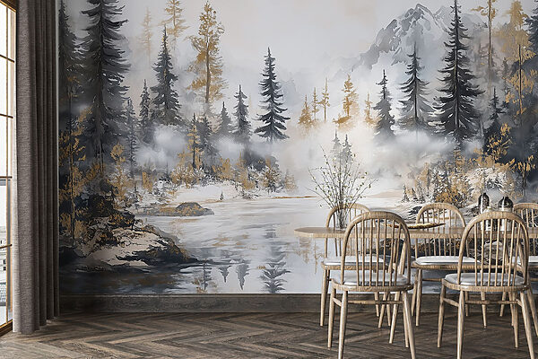 Watercolor painting of a forest and mountains Watercolor painting of a forest and mountains