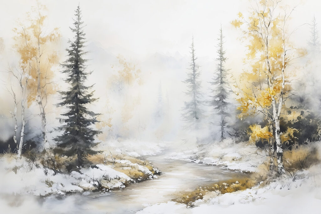 Watercolor painting of a river with trees and snow Watercolor painting of a river with trees and snow
