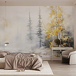 Wall mural Watercolor painting of a river with trees and snow
