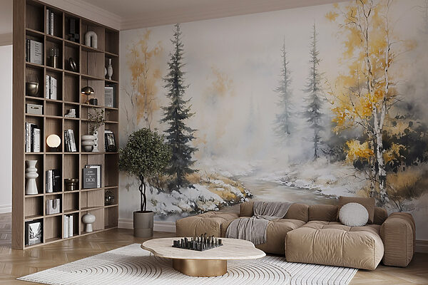 Watercolor painting of a river with trees and snow Watercolor painting of a river with trees and snow