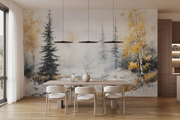 Watercolor painting of a river with trees and snow Watercolor painting of a river with trees and snow