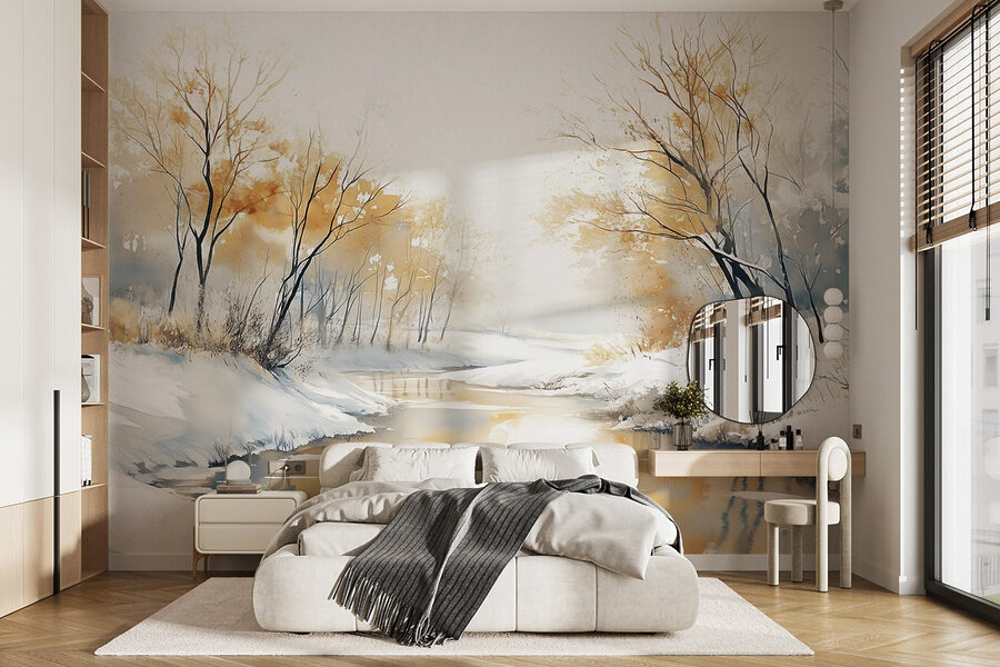 Wall murals River with snow and trees