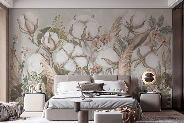 Wall murals Floral cotton field in soft hues (SKU: w02641) Wall murals Wall murals Floral cotton field in soft hues (SKU: w02641)