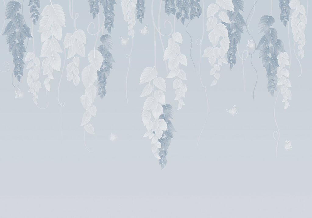 White and blue leaves and butterflies White and blue leaves and butterflies