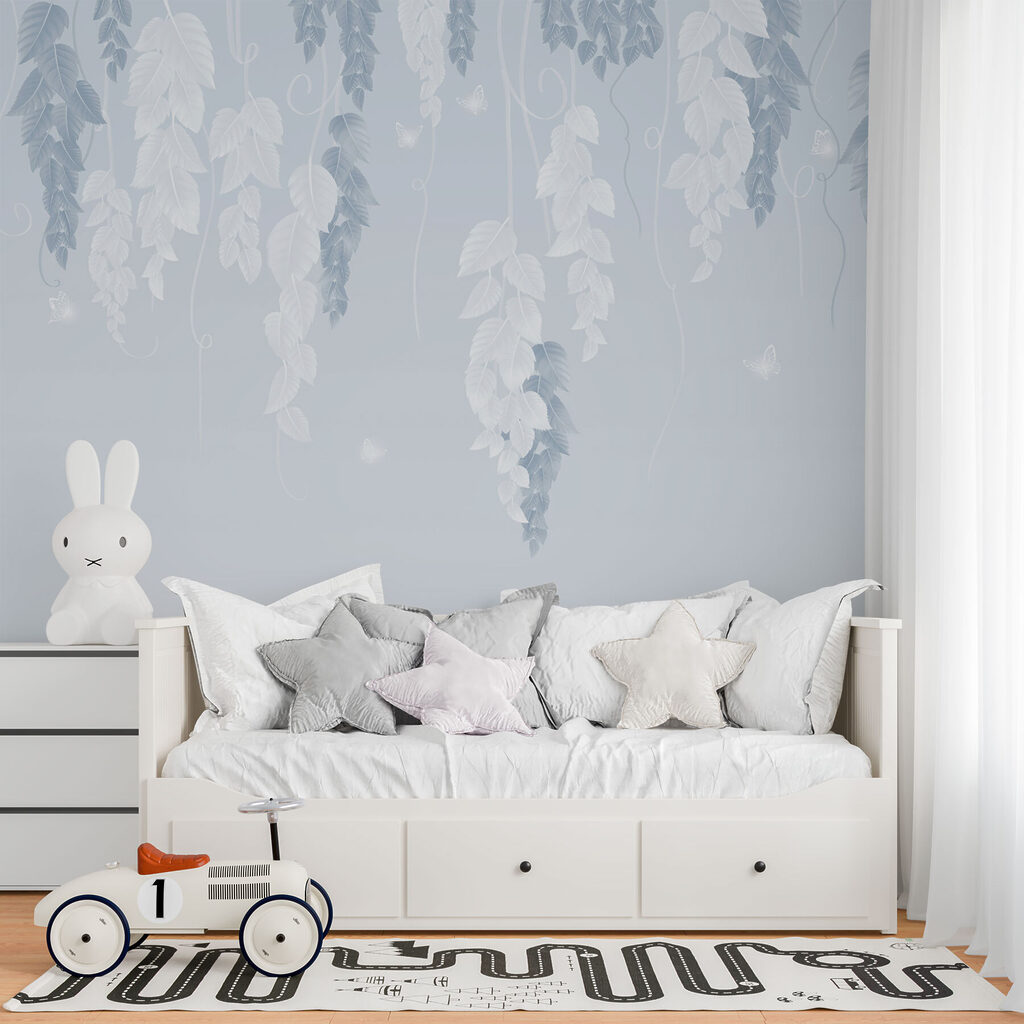 White and blue leaves and butterflies