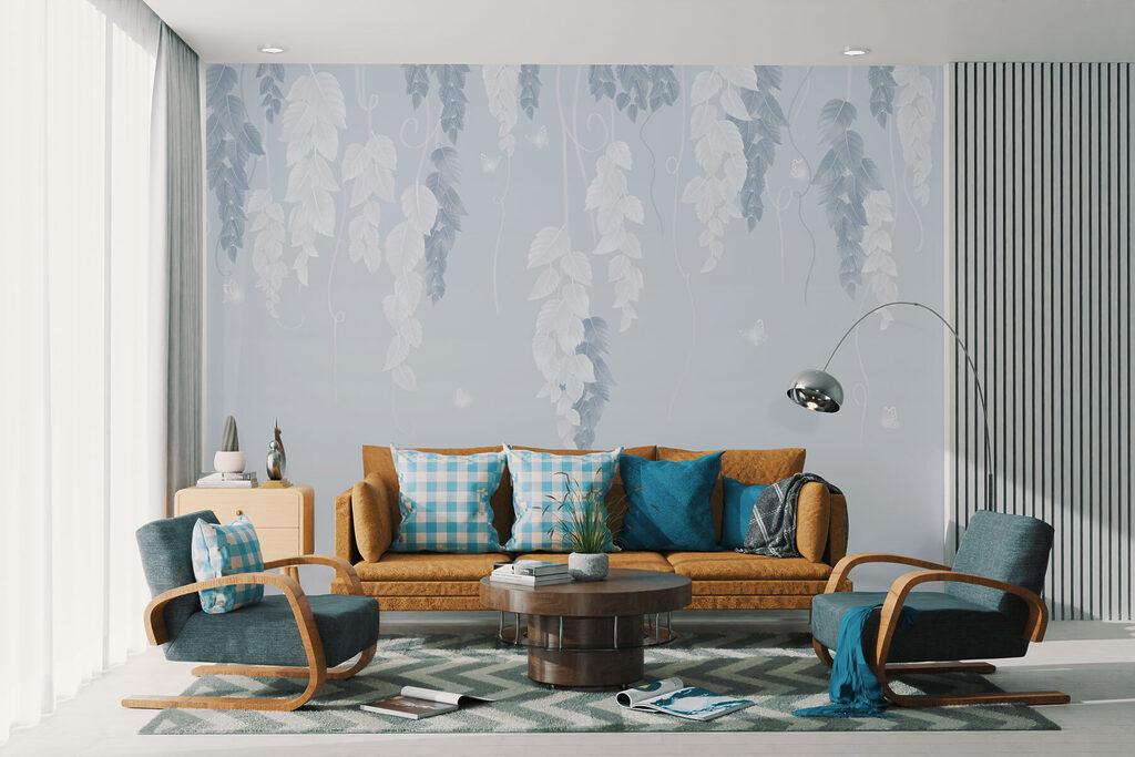 White and blue leaves and butterflies