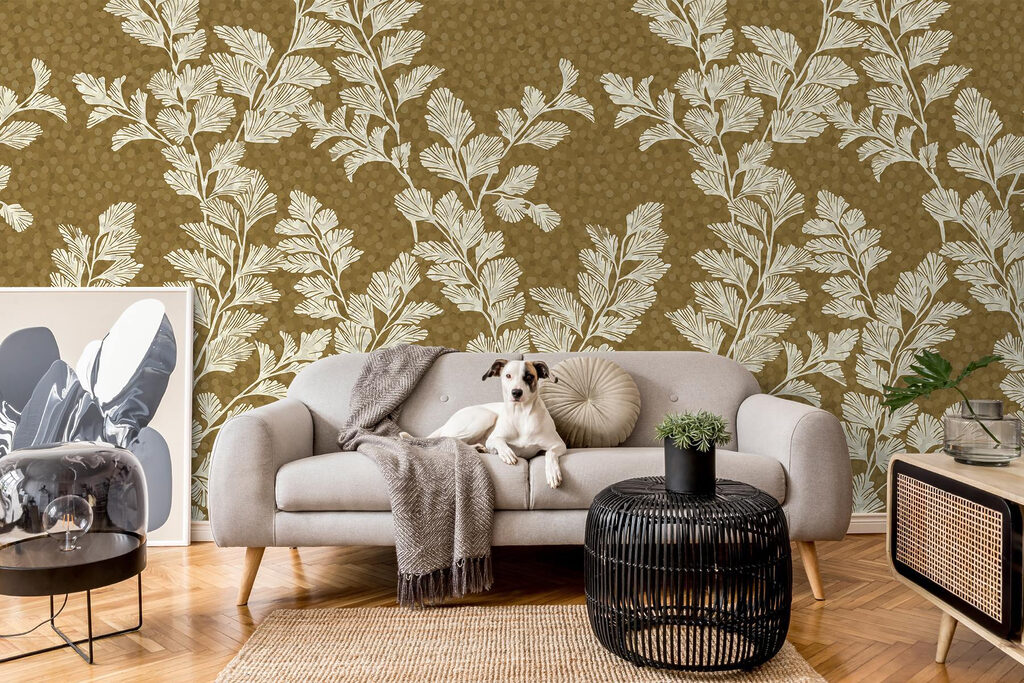 Pattern of white leaves on a brown background