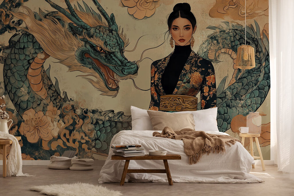 Woman in a kimono and a dragon Woman in a kimono and a dragon