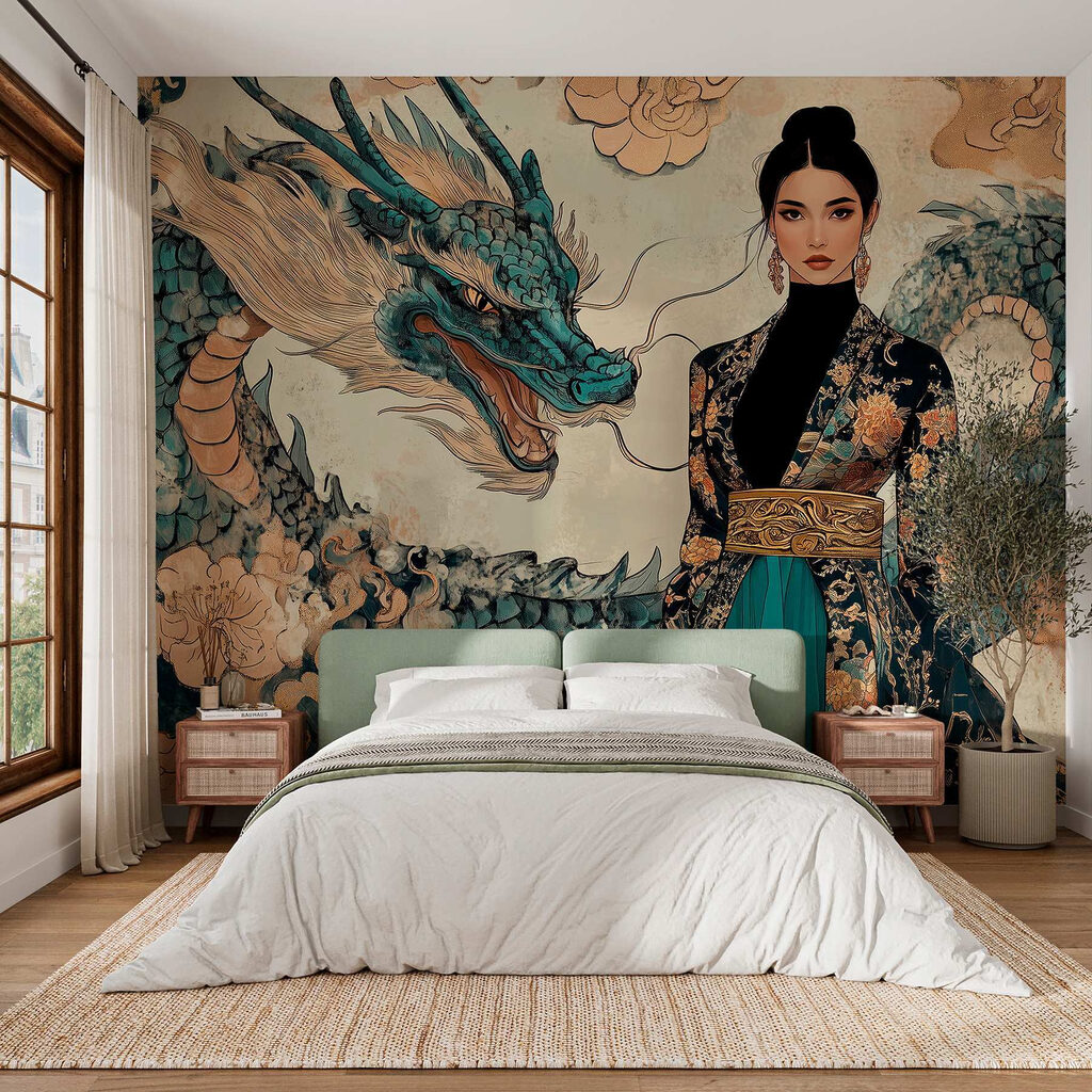 Woman in a kimono and a dragon Woman in a kimono and a dragon