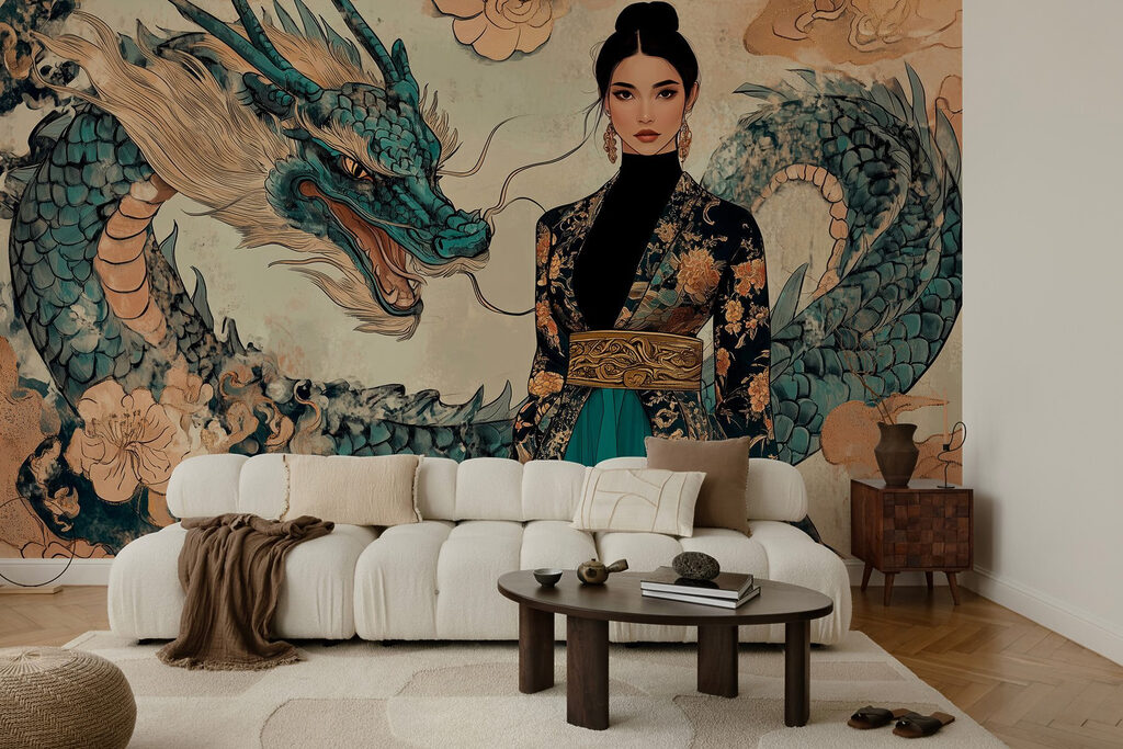 Woman in a kimono and a dragon Woman in a kimono and a dragon