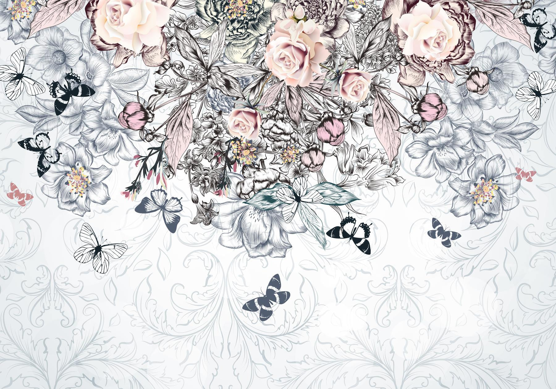 Group of flowers and butterflies