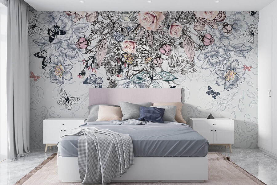 Group of flowers and butterflies