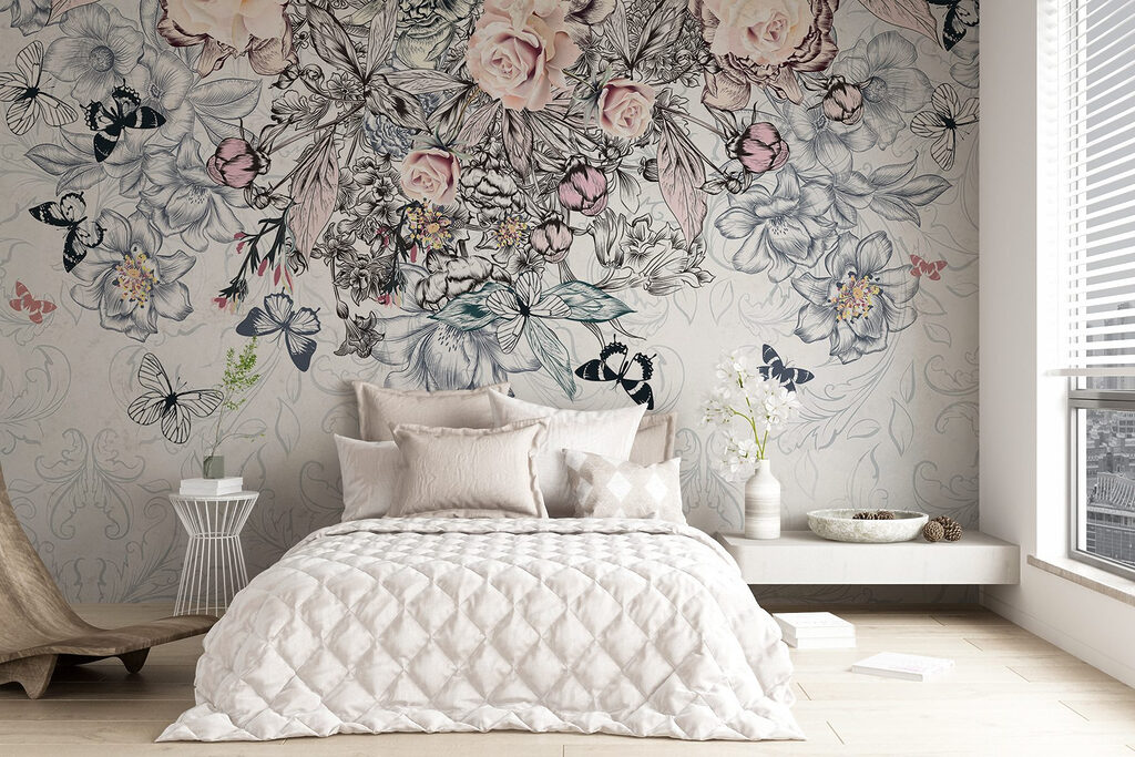 Group of flowers and butterflies