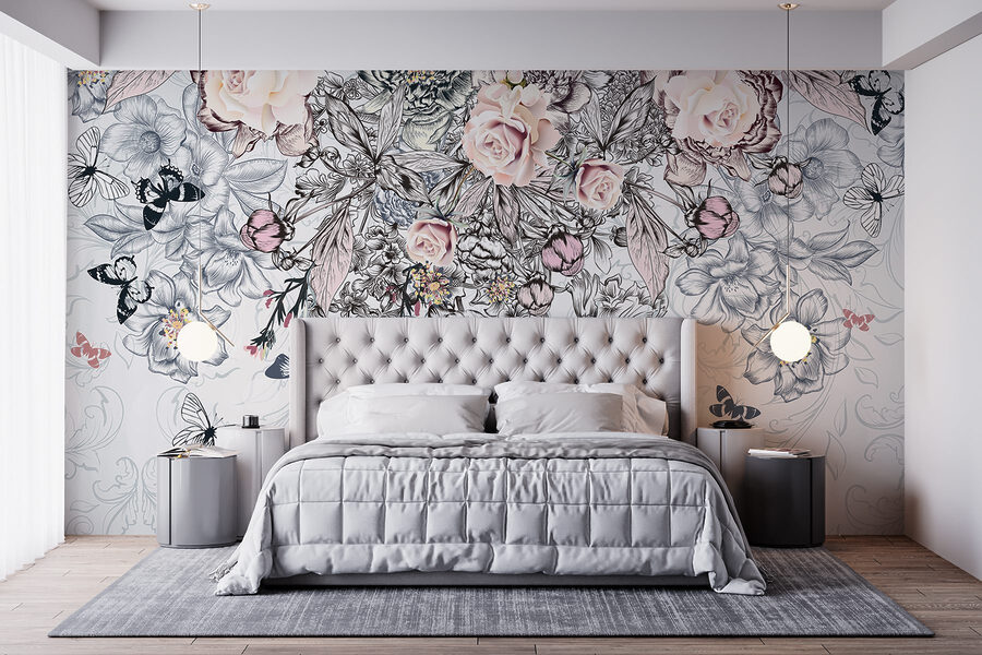 Group of flowers and butterflies