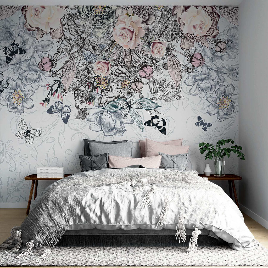 Group of flowers and butterflies