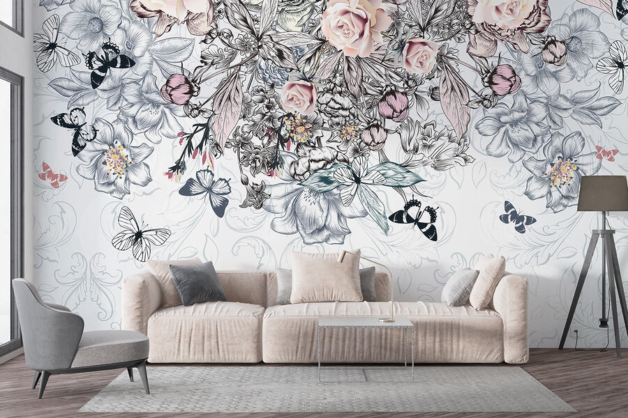 Group of flowers and butterflies