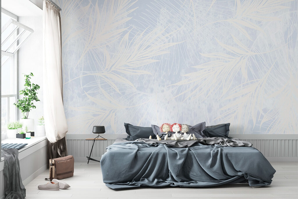 White and blue background with white leaves