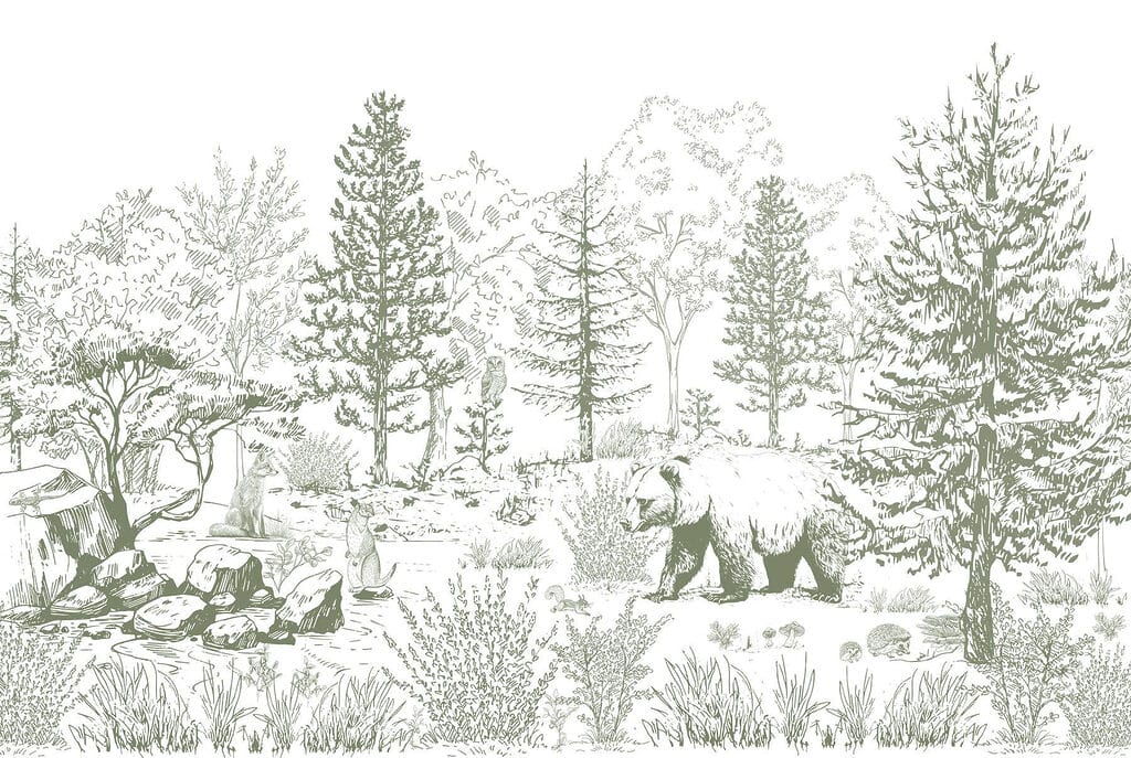 Drawing of a bear in a forest