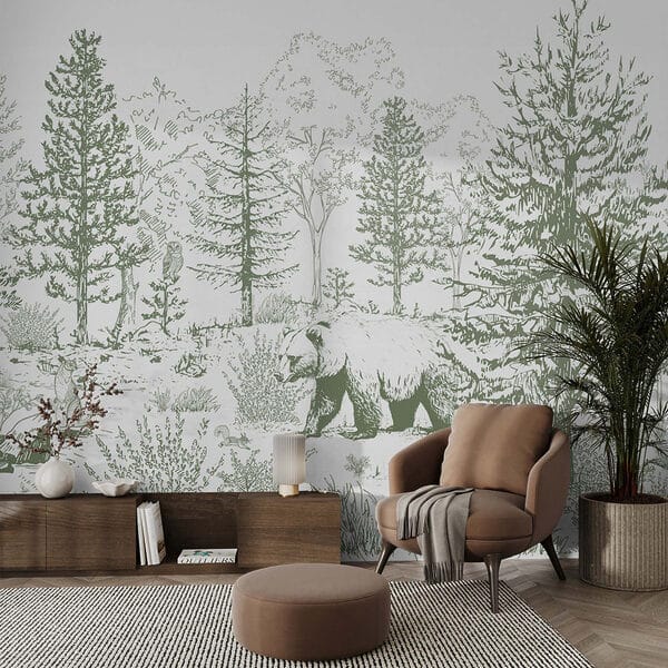 Drawing of a bear in a forest