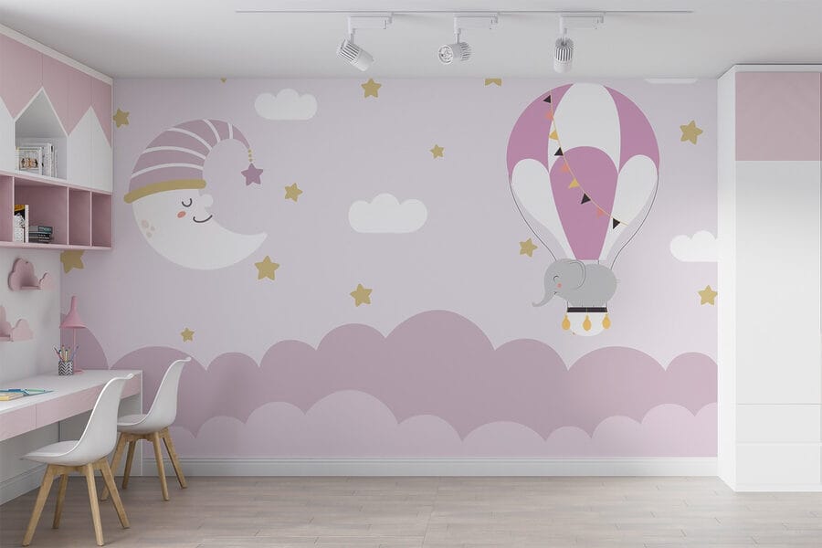 Cartoon elephant and moon in a balloon Cartoon elephant and moon in a balloon