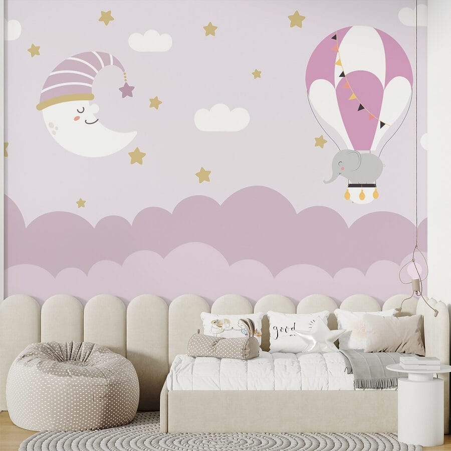 Cartoon elephant and moon in a balloon Cartoon elephant and moon in a balloon